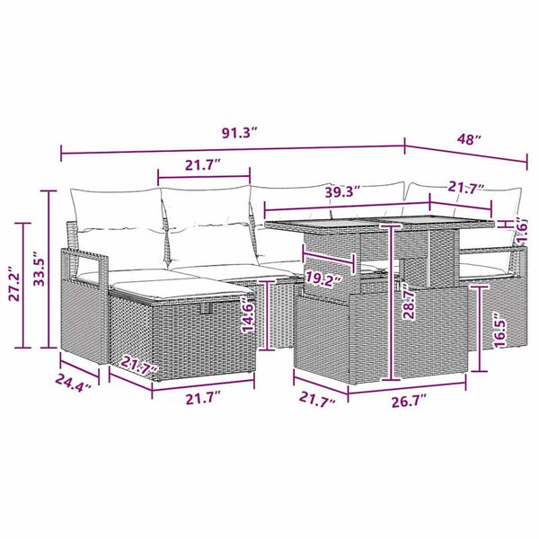 vidaXL Garden Sofa Set Height-Adjustable 7 pcs Black Poly Rattan