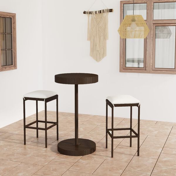 vidaXL 3 Piece Garden Bar Set with Cushions Poly Rattan Brown