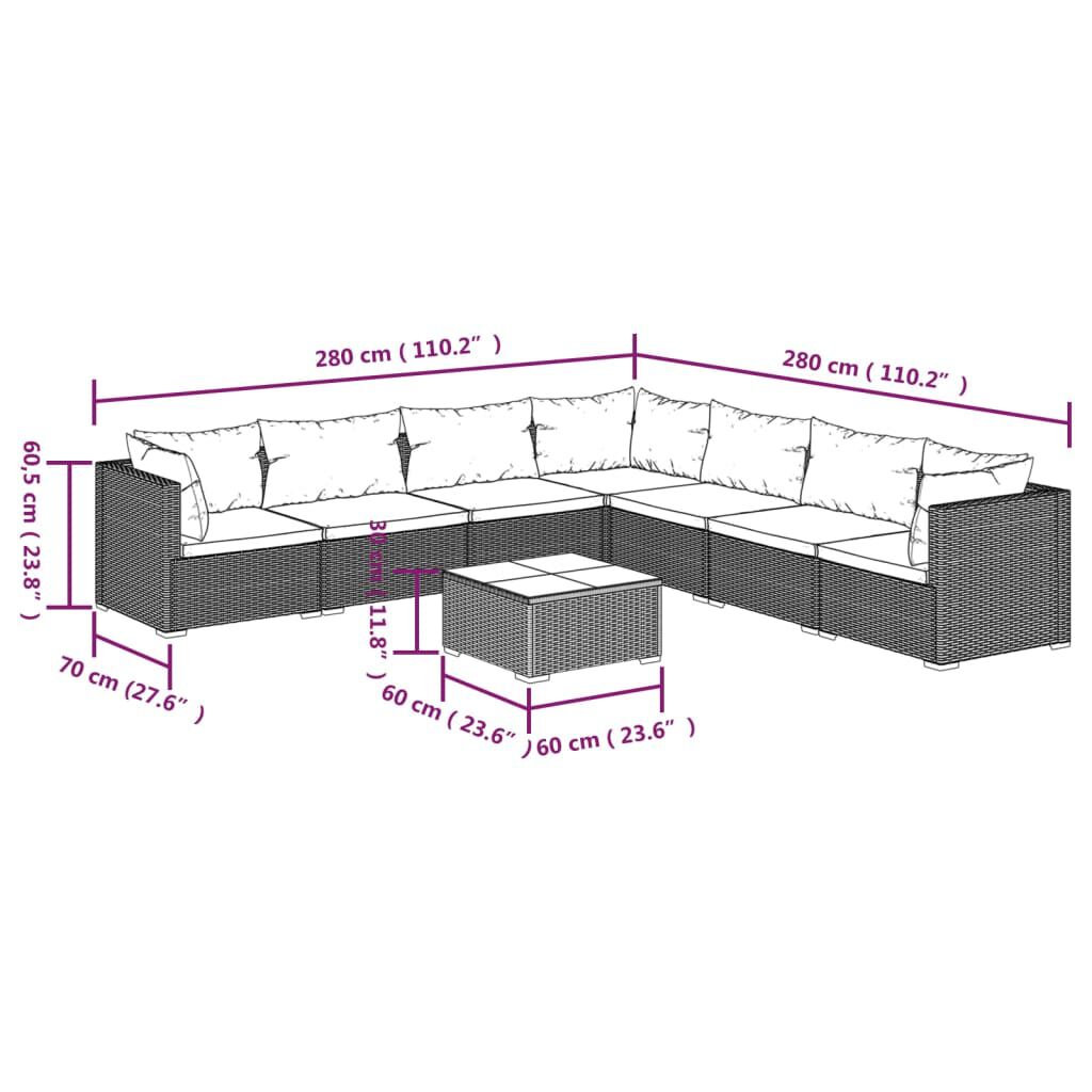 vidaXL 8 Piece Garden Lounge Set with Cushions Poly Rattan Brown
