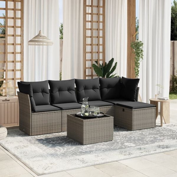 vidaXL 6 Piece Garden Sofa Set with Cushions Grey Poly Rattan