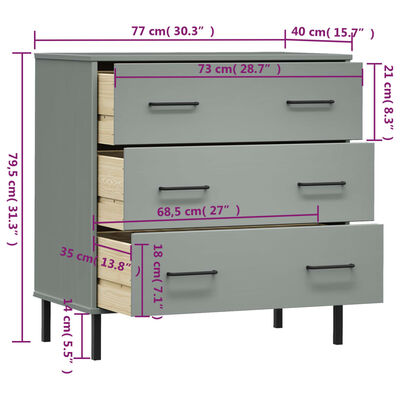 vidaXL Sideboard with 3 Drawers Grey 77x40x79.5 cm Solid Wood OSLO