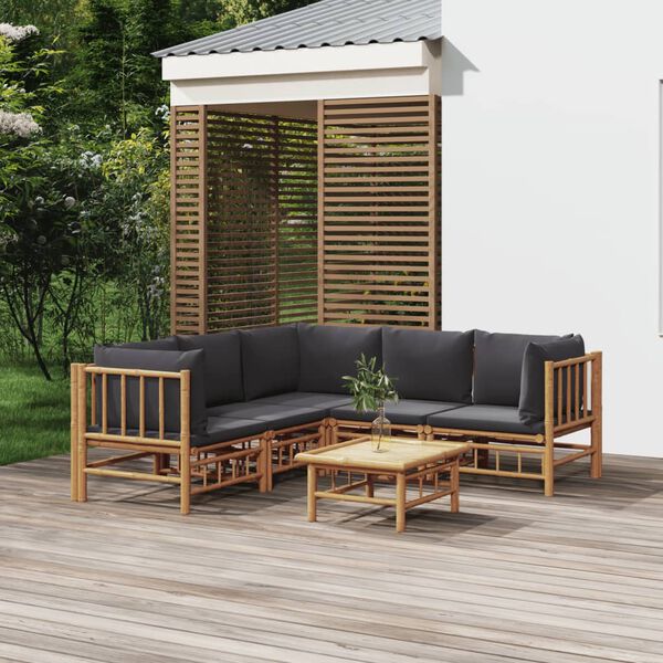vidaXL 6 Piece Garden Lounge Set with Dark Grey Cushions Bamboo