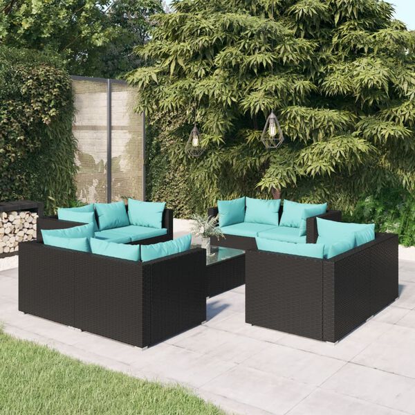 vidaXL 9 Piece Garden Lounge Set with Cushions Poly Rattan Black