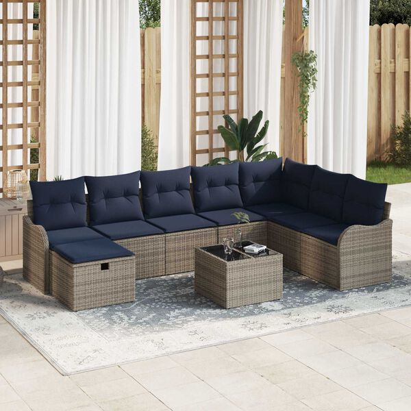 vidaXL 9 Piece Garden Sofa Set with Cushions Grey Poly Rattan