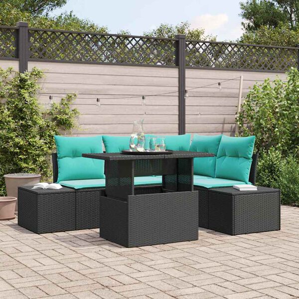vidaXL Garden Sofa Set with Cushion 6 pcs Black and Blue Poly Rattan