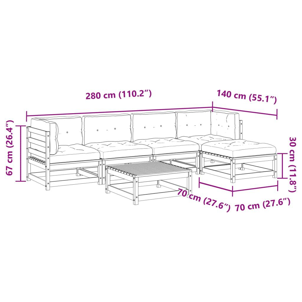 vidaXL 6 Piece Garden Sofa Set with Cushions Wax Brown Solid Wood Pine