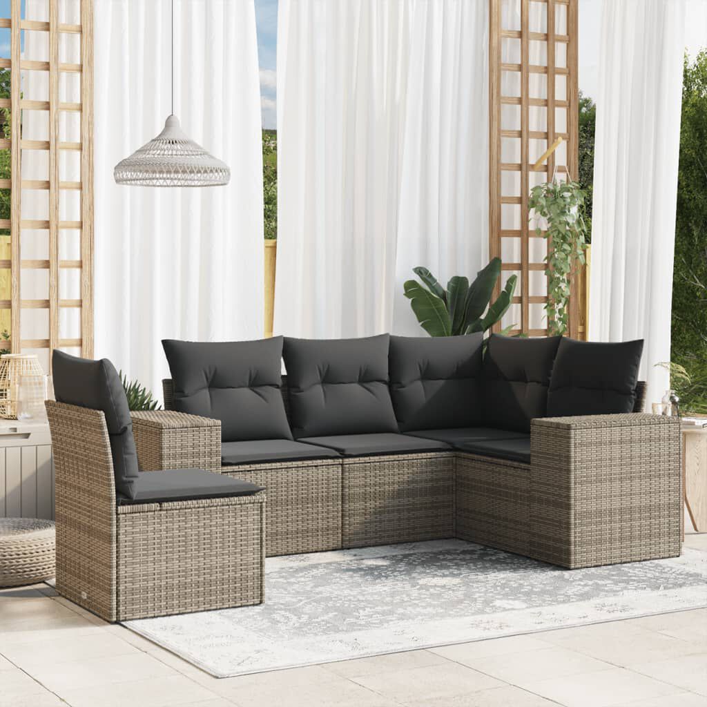 vidaXL 5 Piece Garden Sofa Set with Cushions Grey Poly Rattan