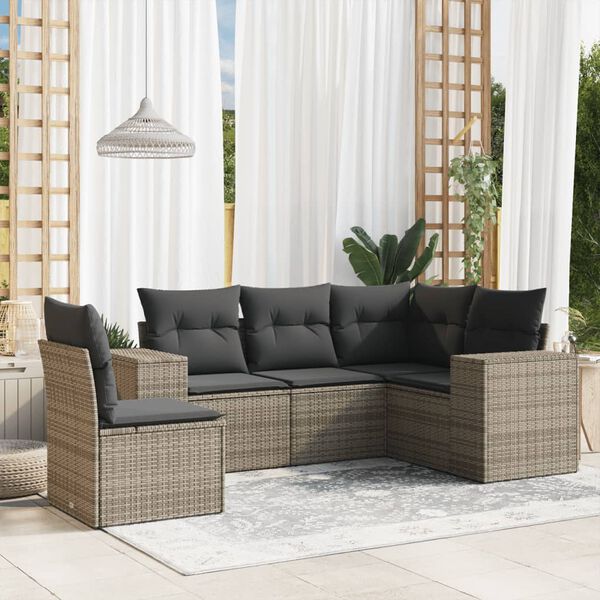 vidaXL 5 Piece Garden Sofa Set with Cushions Grey Poly Rattan