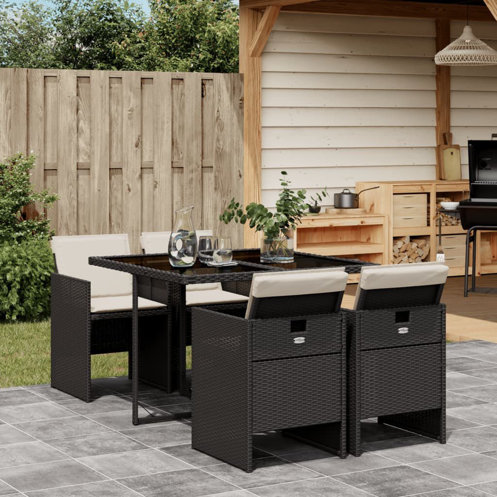 vidaXL 5 Piece Garden Dining Set with Cushions Black Poly Rattan