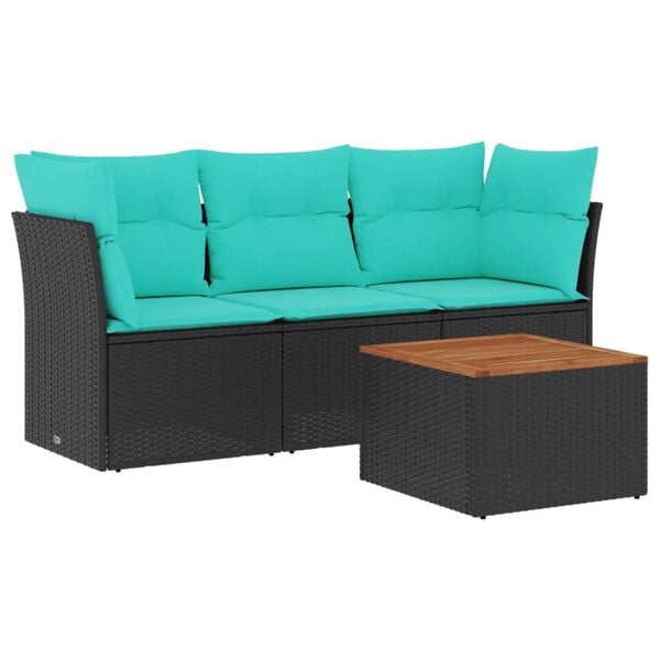 vidaXL 4 Piece Garden Sofa Set with Cushions Black Poly Rattan