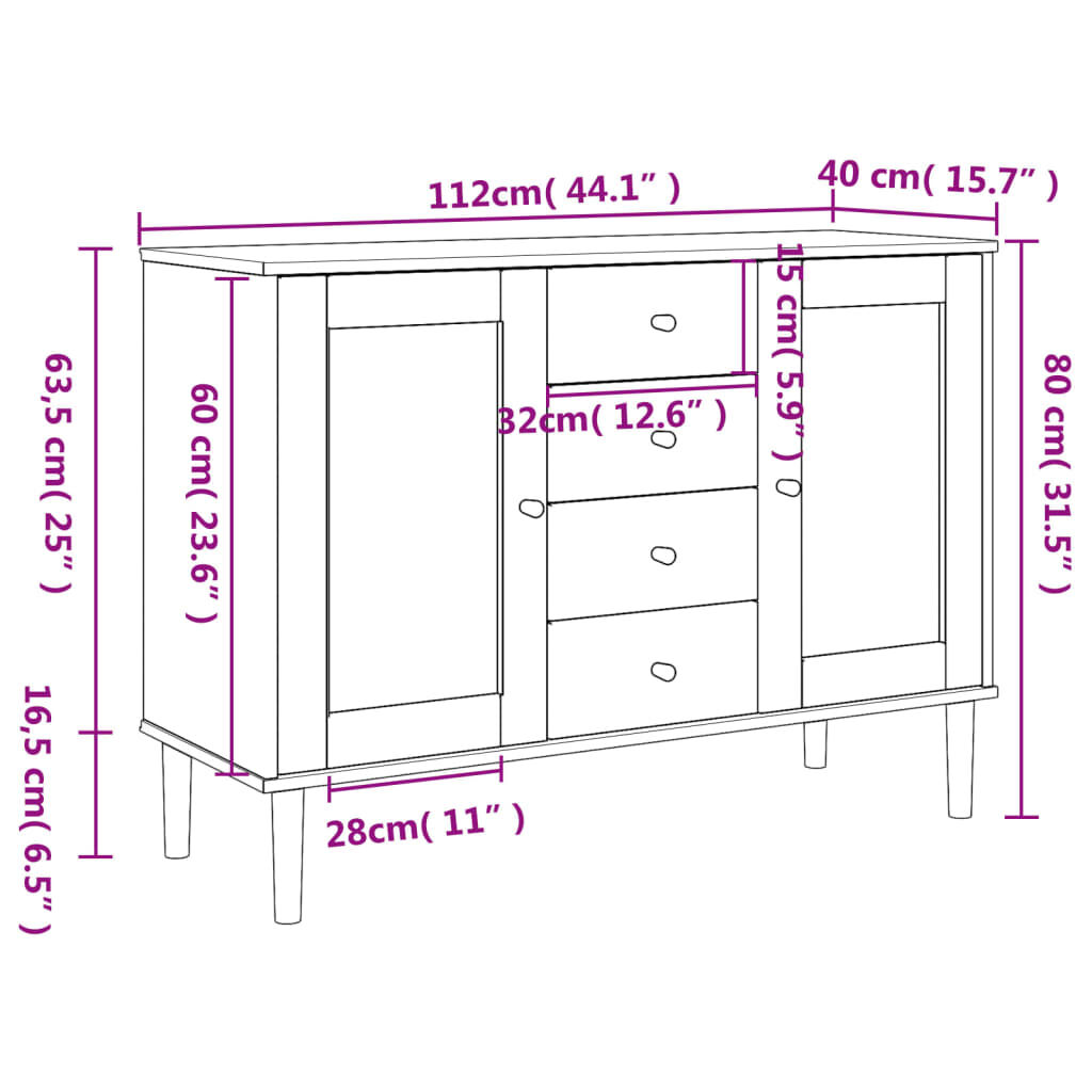 vidaXL Sideboard SENJA Rattan Look White 112x40x80 cm Solid Wood Pine