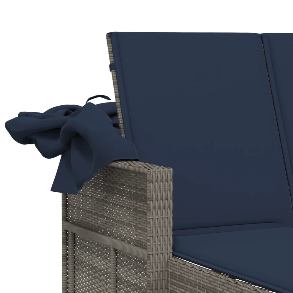 vidaXL Double Sun Lounger with Canopy and Cushions Grey Poly Rattan