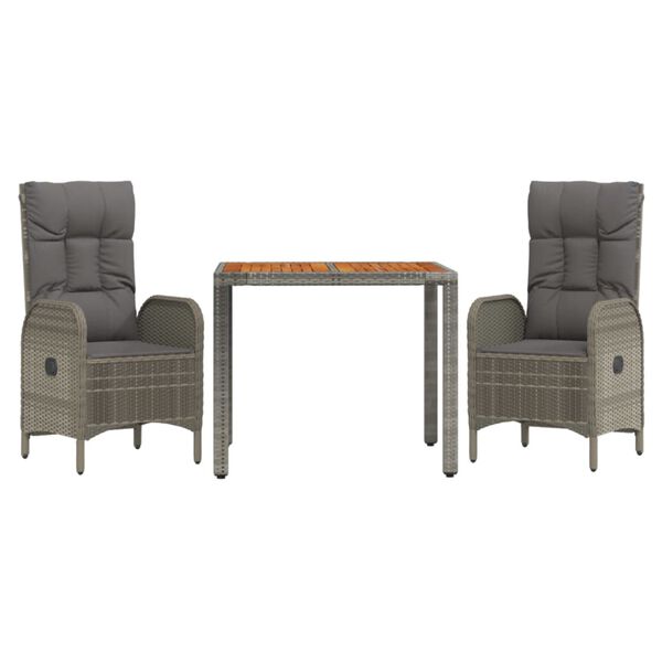 vidaXL 3 Piece Garden Dining Set with Cushions Grey Poly Rattan