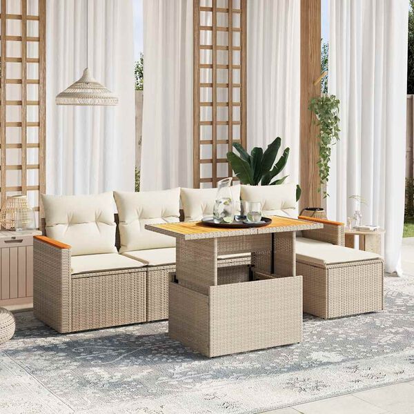 vidaXL 6 Piece Garden Sofa Set with Cushions Beige Poly Rattan