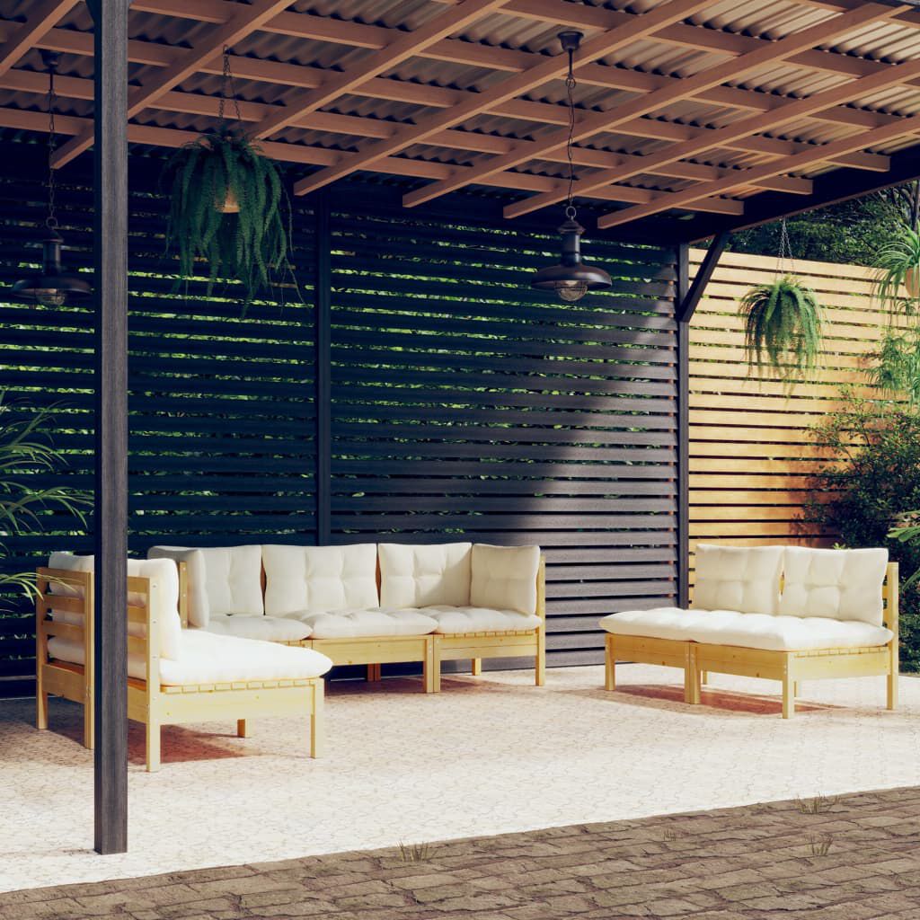 vidaXL 7 Piece Garden Lounge Set with Cream Cushions Solid Pinewood