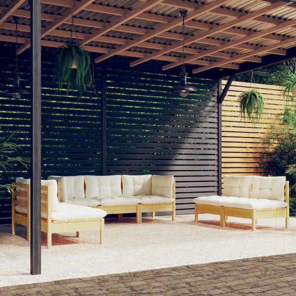 vidaXL 7 Piece Garden Lounge Set with Cream Cushions Solid Pinewood