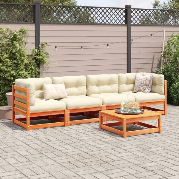 vidaXL 5 Piece Garden Sofa Set with Cushions Wax Brown Solid Wood Pine