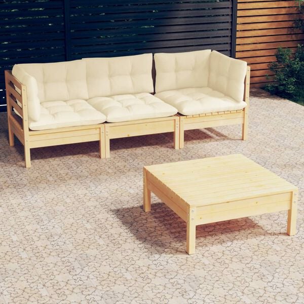 vidaXL 4 Piece Garden Lounge Set with Cream Cushions Pinewood