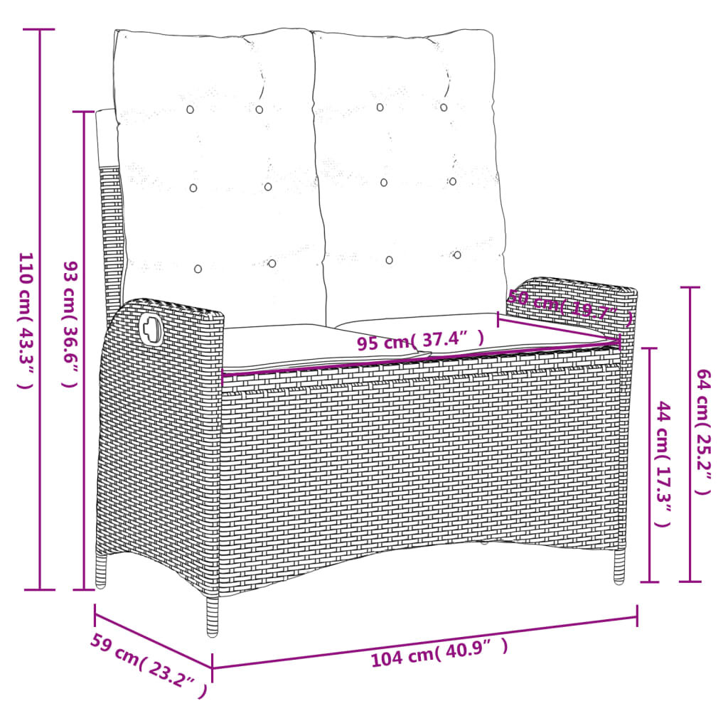 vidaXL Reclining Garden Bench with Cushions Black Poly Rattan