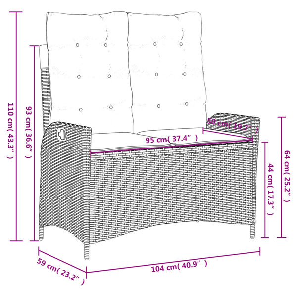 vidaXL Reclining Garden Bench with Cushions Black Poly Rattan