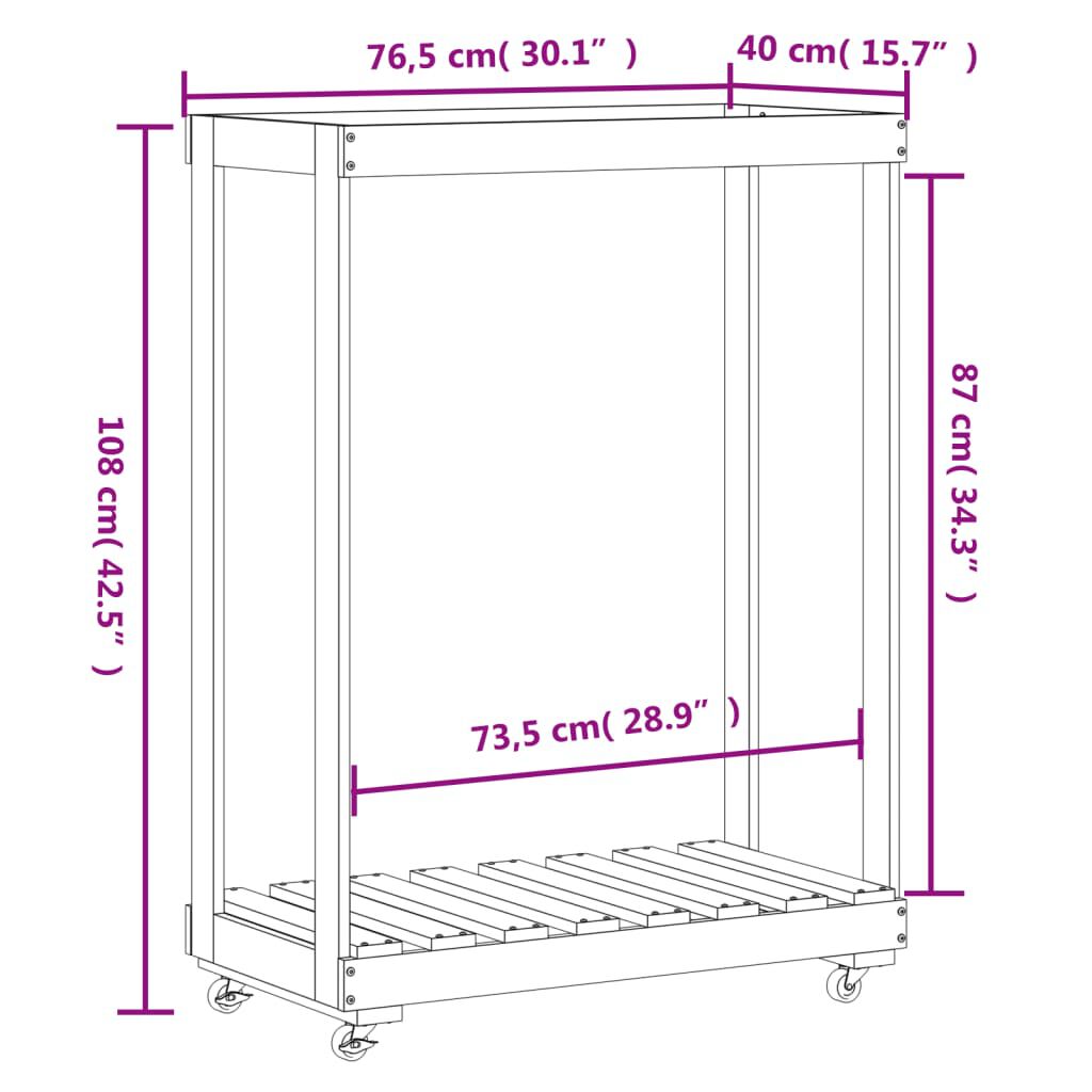 vidaXL Log Holder with Wheels White 76.5x40x108 cm Solid Wood Pine