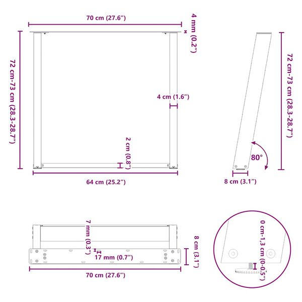 vidaXL Dining Table Legs U-Shaped 2 pcs Black 70x(72-73) cm Steel