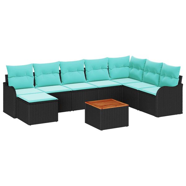 vidaXL 9 Piece Garden Sofa Set with Cushions Black Poly Rattan Acacia