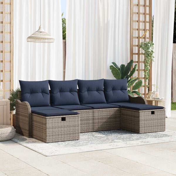 vidaXL 6 Piece Garden Sofa Set with Cushions - Grey Poly Rattan