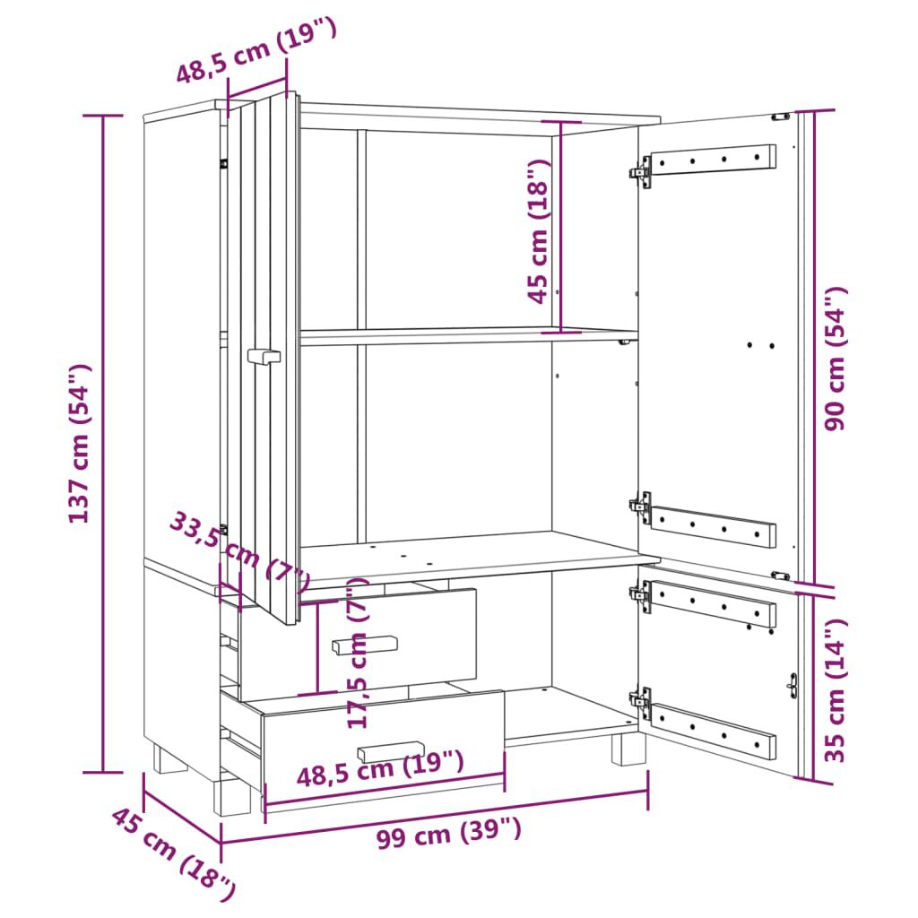vidaXL Wardrobe HAMAR Light Grey 99x45x137 cm Solid Wood Pine