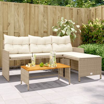 vidaXL Garden Sofa with Table and Cushions L-Shaped Beige Poly Rattan