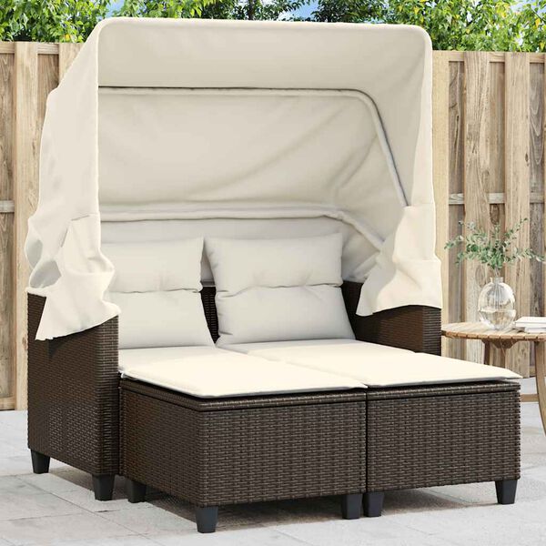 vidaXL Garden Sofa 2-Seater with Canopy and Stools Brown Poly Rattan