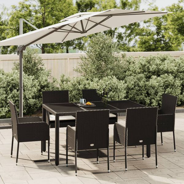 vidaXL 7 Piece Garden Dining Set with Cushions Black Poly Rattan