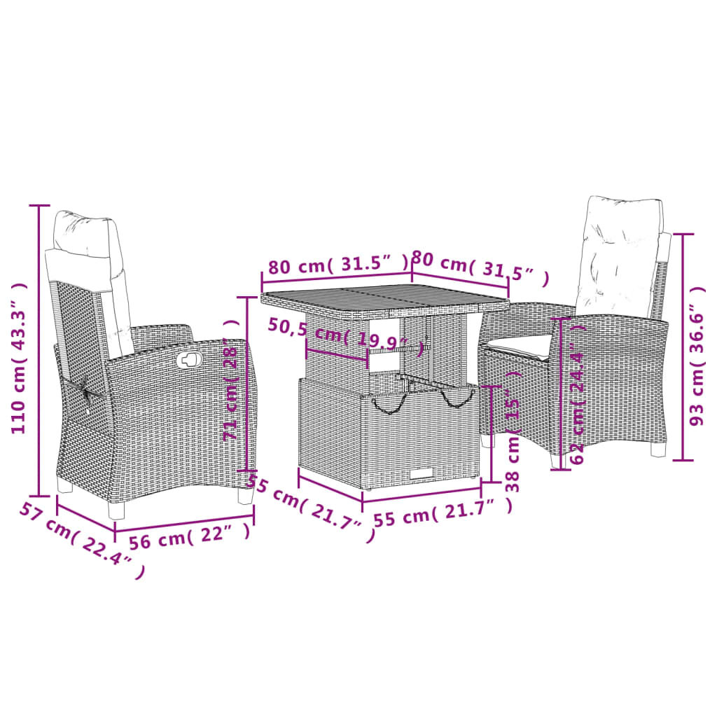 vidaXL 3 Piece Garden Dining Set with Cushions Grey Poly Rattan