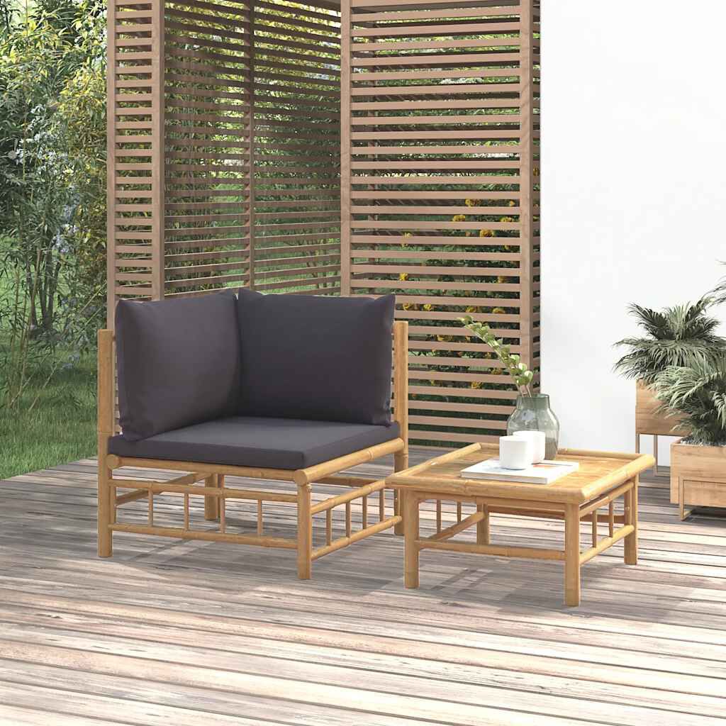 vidaXL 2 Piece Garden Lounge Set with Dark Grey Cushions Bamboo