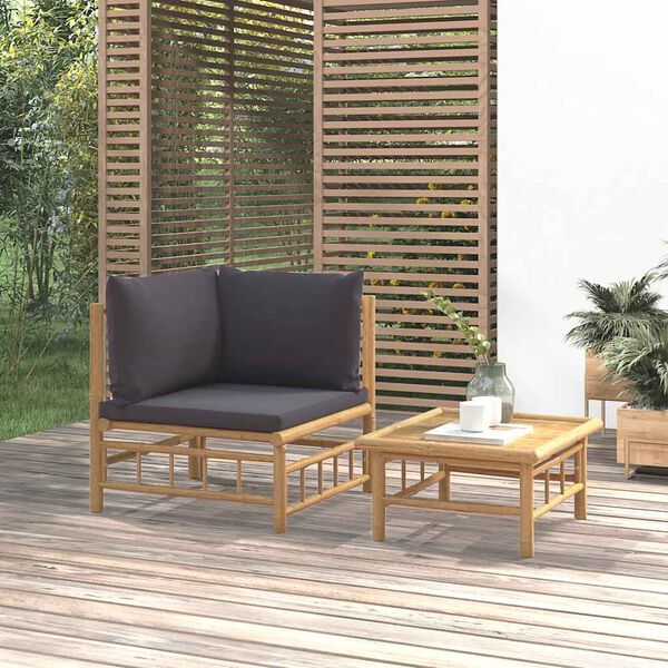 vidaXL 2 Piece Garden Lounge Set with Dark Grey Cushions Bamboo