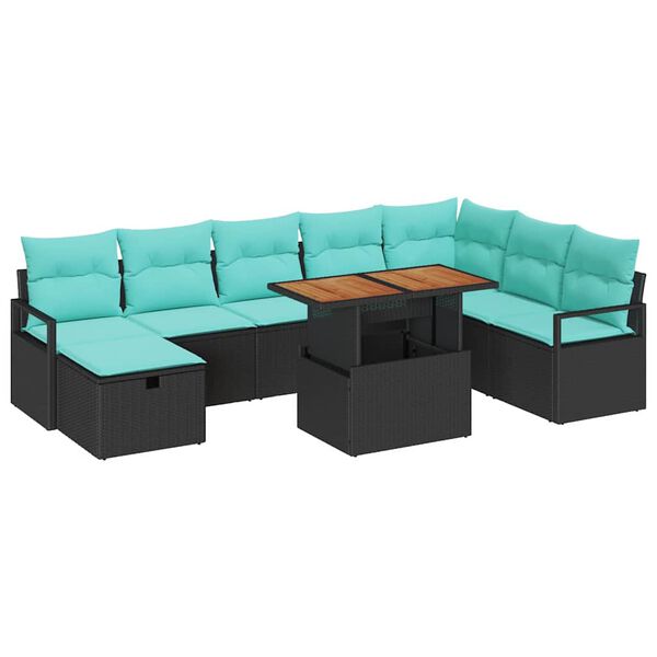 vidaXL Garden Sofa Set Height-Adjustable 9 pcs Black Poly Rattan