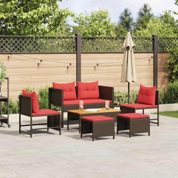 vidaXL Garden Sofa Set with Cushion 6 pcs Brown and Red Poly Rattan