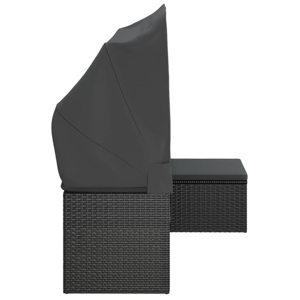 vidaXL 3-Seater Garden Sofa with Roof and Footstool Black Poly Rattan