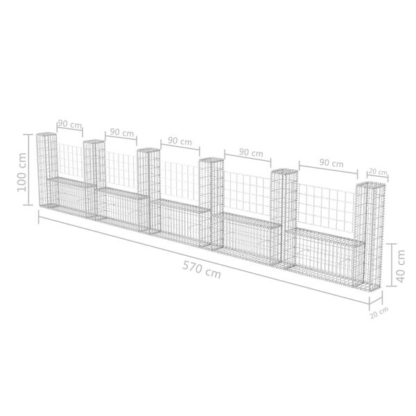 vidaXL Gabion Basket U-Shape Galvanised Steel 570x20x100 cm