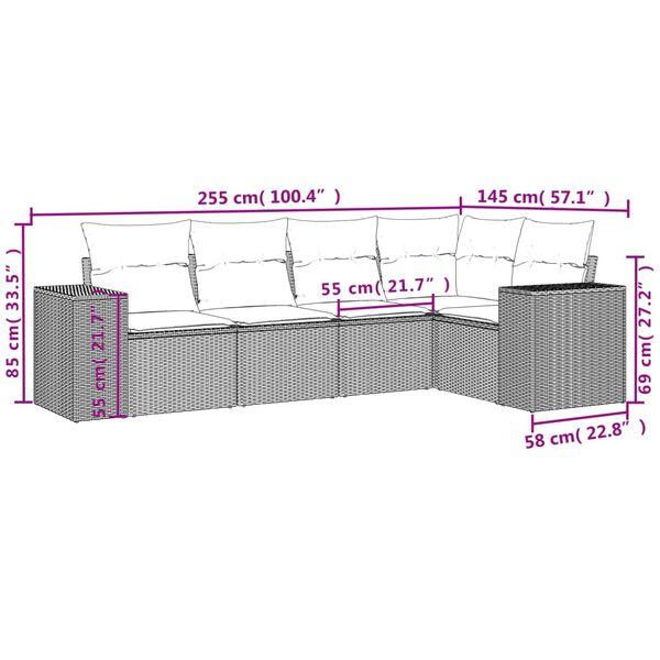 vidaXL 5 Piece Garden Sofa Set with Cushions Grey Poly Rattan
