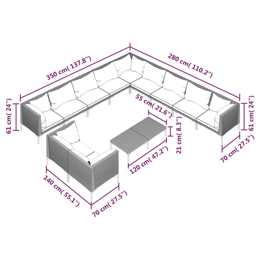 vidaXL 12 Piece Garden Lounge Set with Cushions Poly Rattan Dark Grey