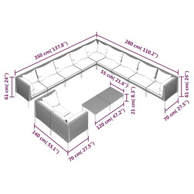 vidaXL 12 Piece Garden Lounge Set with Cushions Poly Rattan Dark Grey