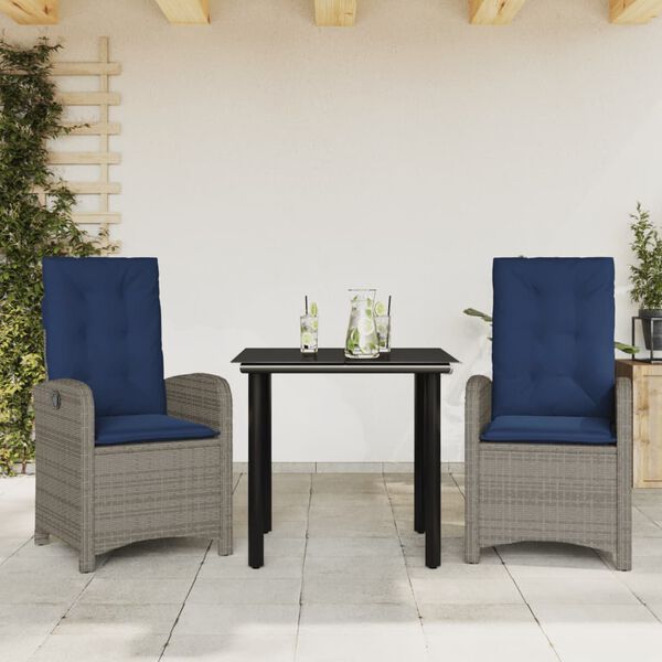 vidaXL 3 Piece Garden Dining Set with Cushions Grey Poly Rattan