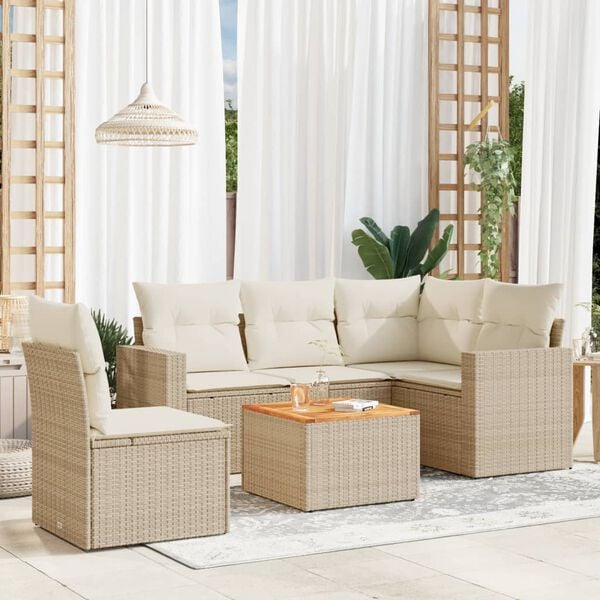 vidaXL 6 Piece Garden Sofa Set with Cushions Beige Poly Rattan