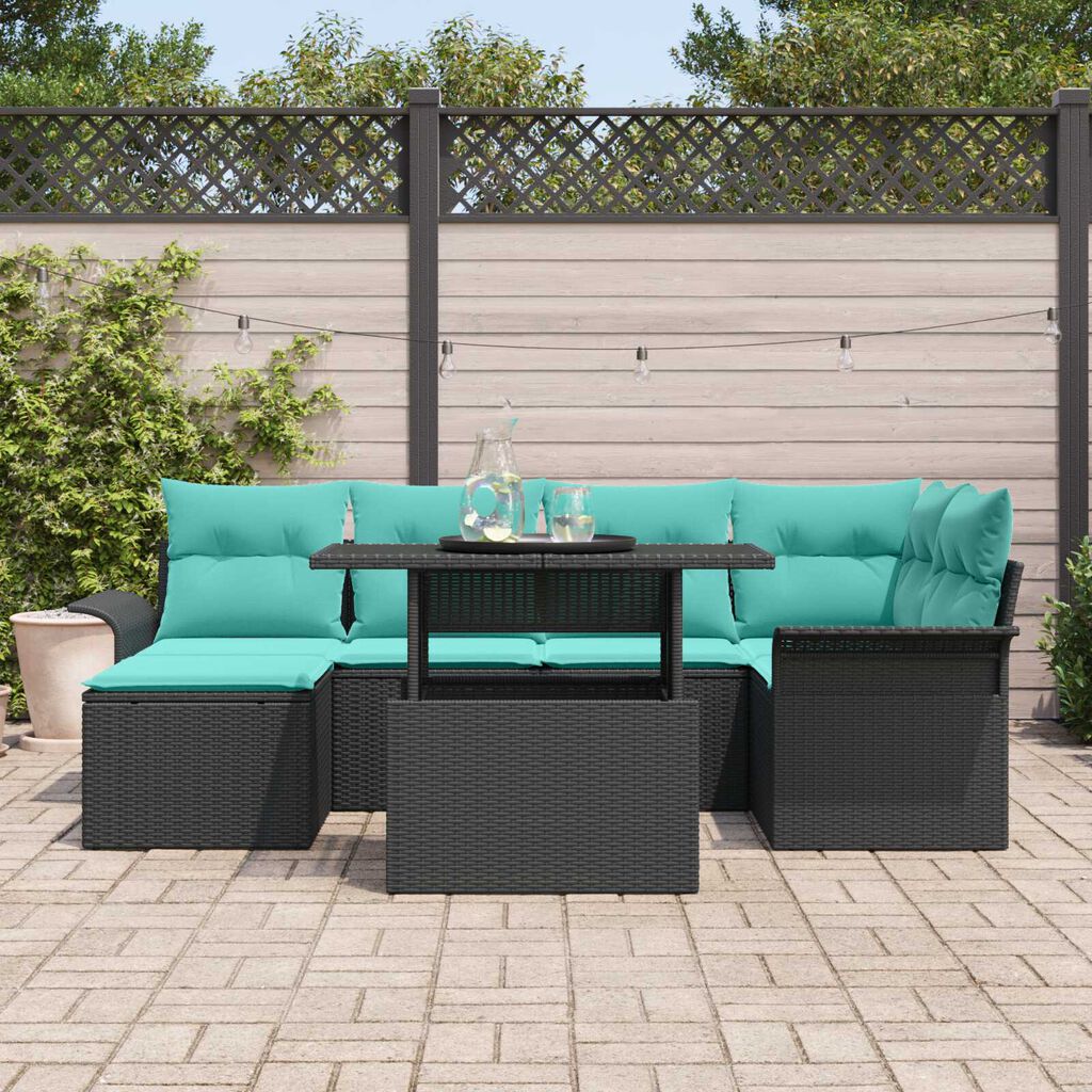 vidaXL 7 Piece Garden Sofa Set with Cushions Black Poly Rattan