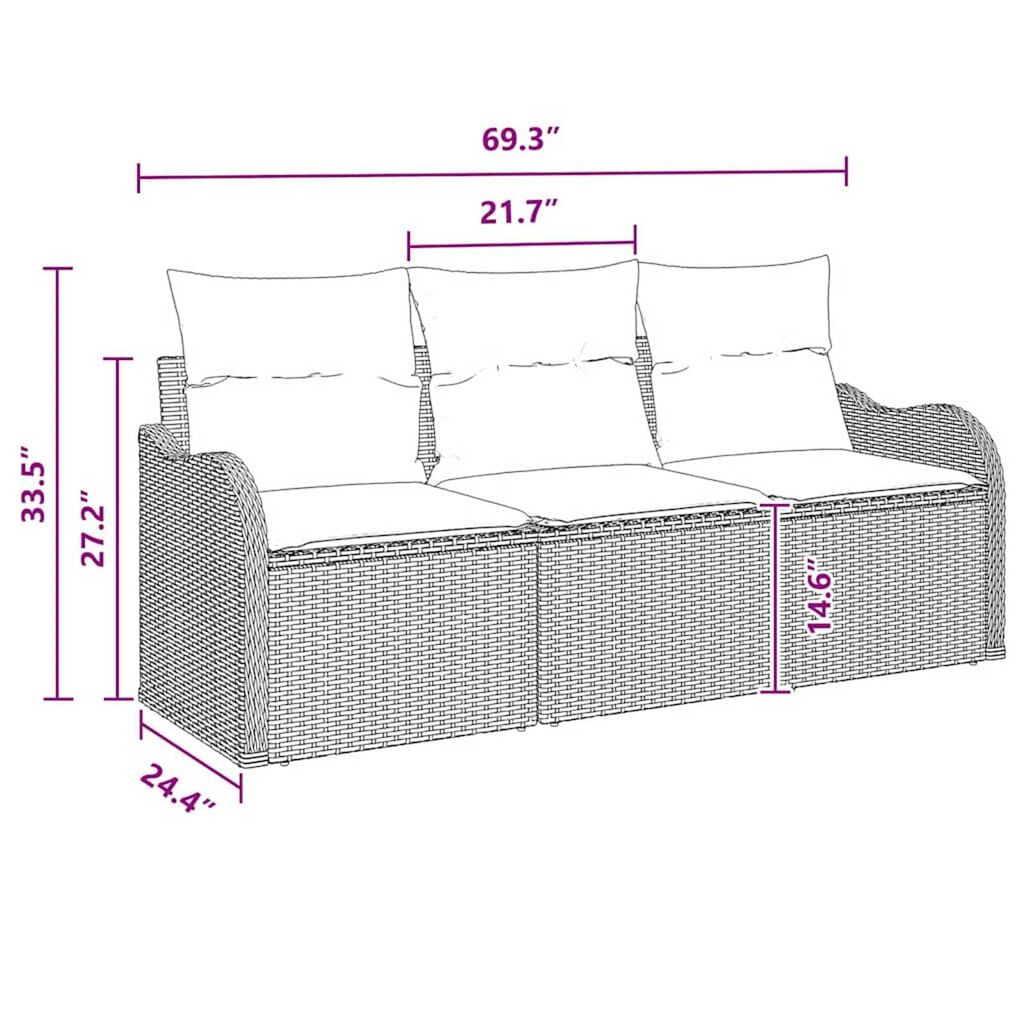vidaXL Garden Sofa Set with Cushion 3 pcs Black Poly rattan