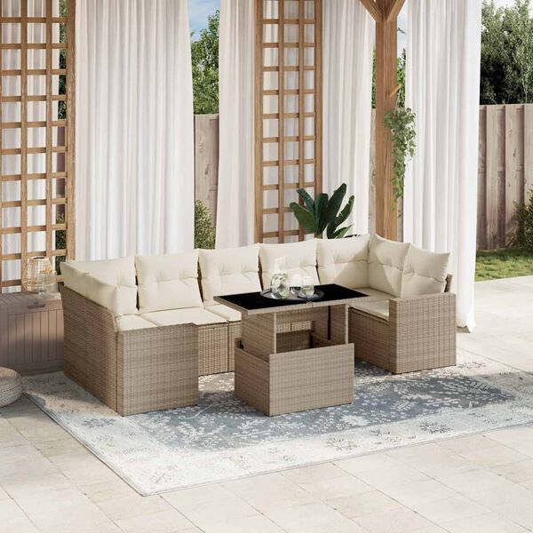 vidaXL 8 Piece Garden Sofa Set with Cushions Beige Poly Rattan