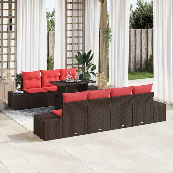 vidaXL Sofa Set with Cushion Manual 8 pcs Brown and Red Poly Rattan