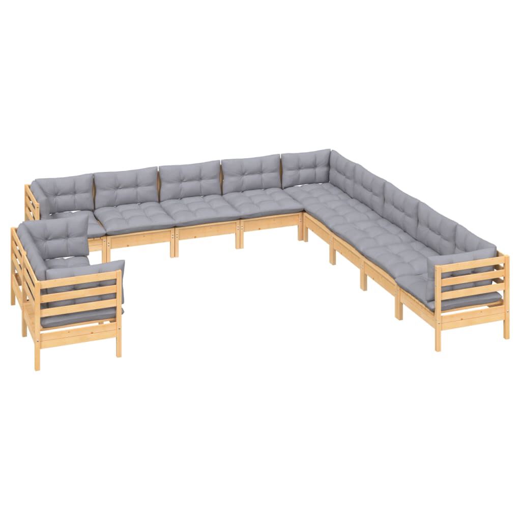 vidaXL 11 Piece Garden Lounge Set with Grey Cushions Solid Pinewood