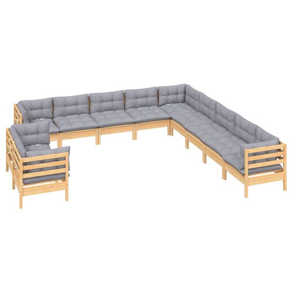 vidaXL 11 Piece Garden Lounge Set with Grey Cushions Solid Pinewood